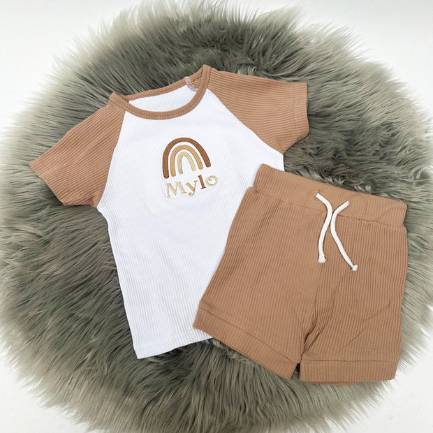 Boho Rainbow Short Sleeved Embroidered Personalised Ribbed T-Shirt & Shorts
