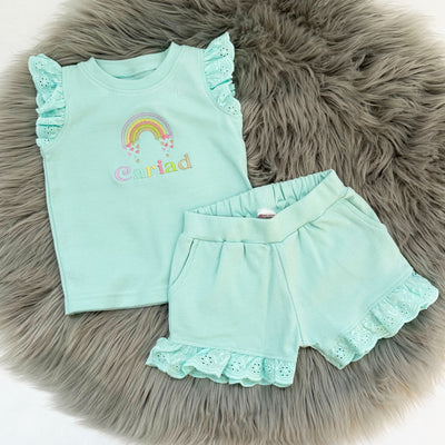 Rainbow & Hearts Personalised Embroidered Frill Broderie Top & Shorts Set