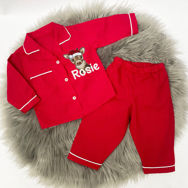 Red Embroidered Personalised Christmas Pyjamas - Various Animal Options
