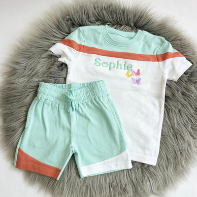 Block Colour Personalised Embroidered Top & Shorts - Butterflys
