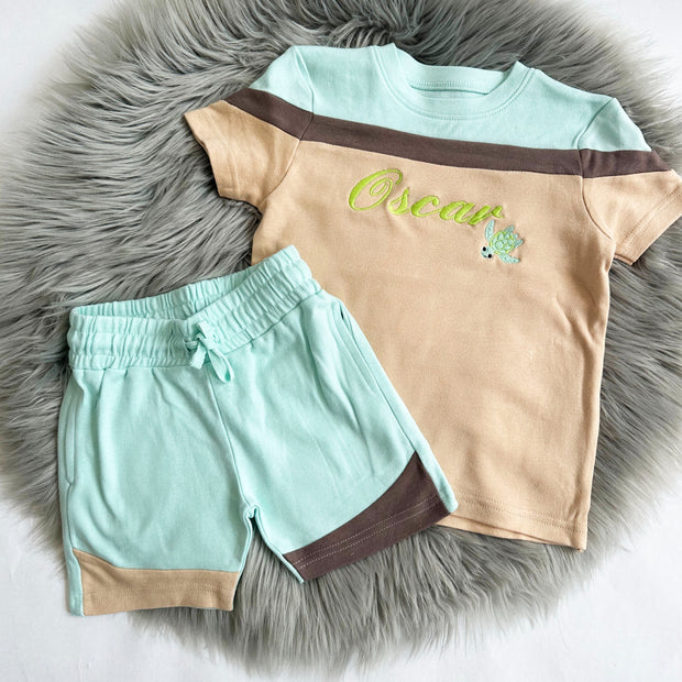 Block Colour Personalised Embroidered Top & Shorts - Turtle