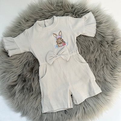 Animal Personalised Embroidered Ribbed Bow Detail Playsuit - Three Colours