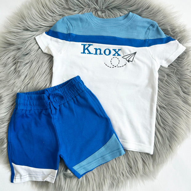 Block Colour Personalised Embroidered Top & Shorts - Paper Airplane