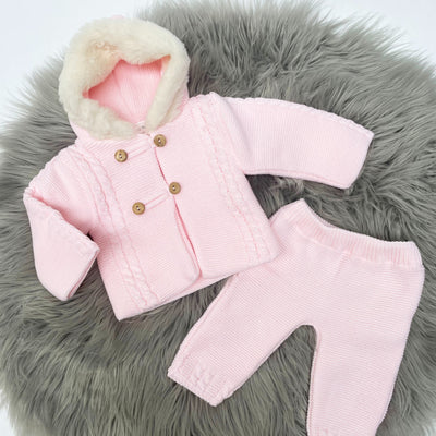 Pink Knit Faux Fur Hood Jacket & Trousers