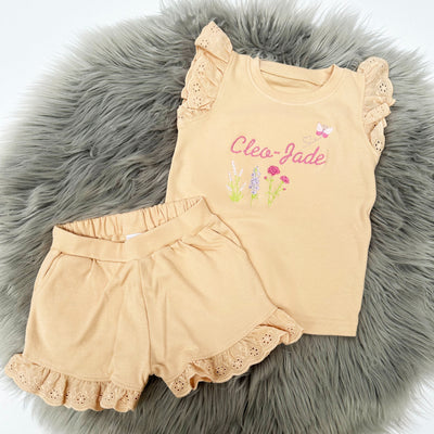 Personalised Embroidered Frill Broderie Top & Shorts Set - Flowers & Butterfly