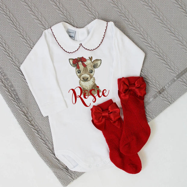 Embroidered Christmas Personalised Babyvest - Reindeer & Bow