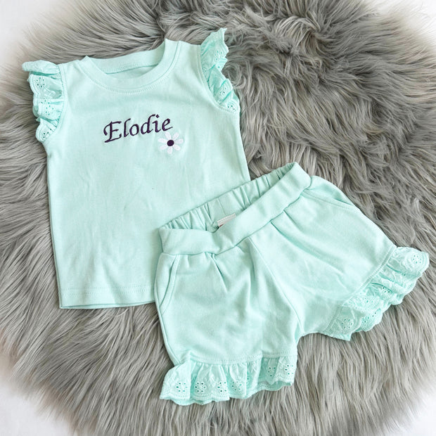 Personalised Embroidered Frill Broderie Top & Shorts Set - Daisy