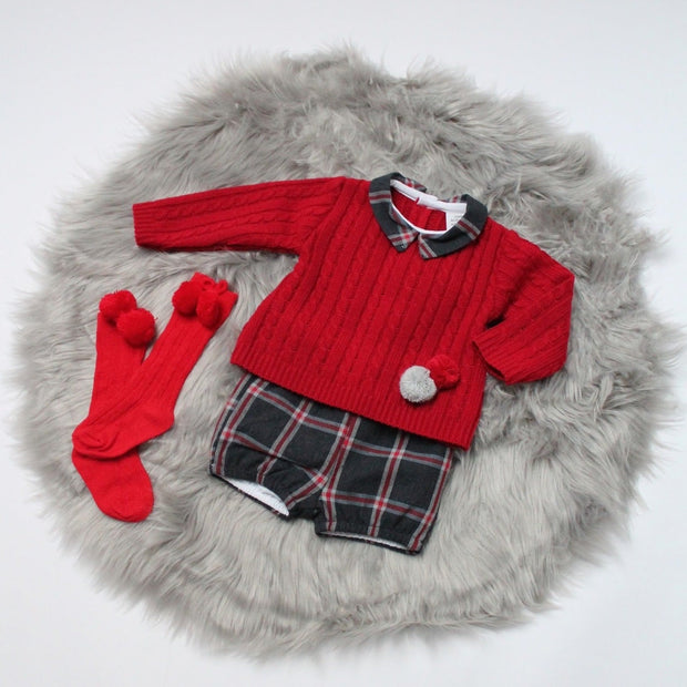 Red Knitted Jumper & Tartan Shorts Outfit
