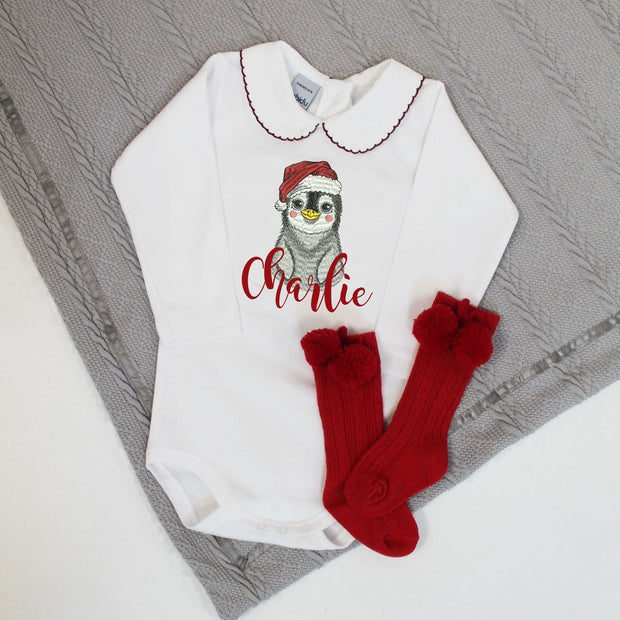 Embroidered Christmas Personalised Babyvest - Penguin & Santa Hat