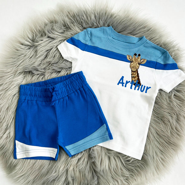 Baby Blue, Sky Blue & White Block Colour Personalised Embroidered Top & Shorts
