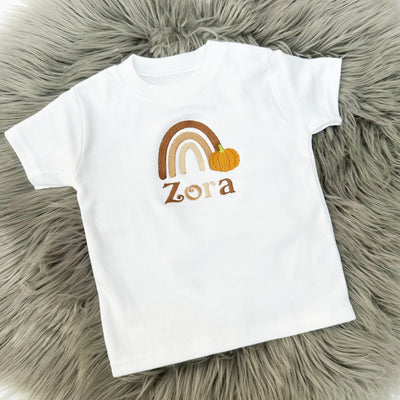 Boho Rainbow Autumn Pumpkin Personalised Embroidered T-Shirt (Various Coloured T-Shirts)