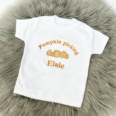 Floral Pumpkin Picking Personalised Embroidered T-Shirt (Various Coloured T-Shirts)