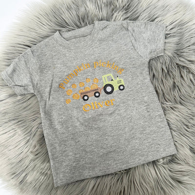 Pumpkin Picking Tractor Personalised Embroidered T-Shirt (Various Coloured T-Shirts)