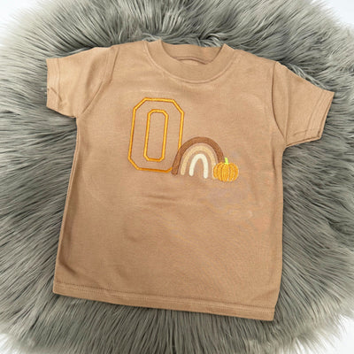 Initial & Boho Rainbow Autumn Pumpkin Personalised Embroidered T-Shirt (Various Coloured T-Shirts)