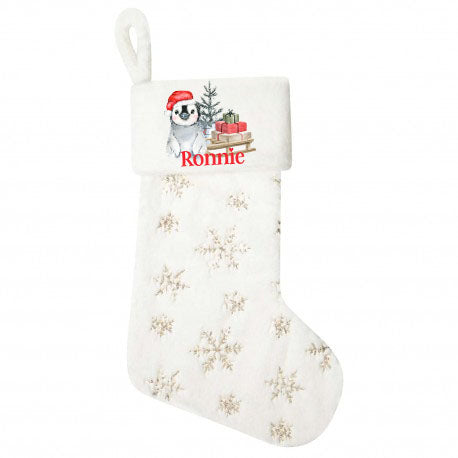 Cream OR Grey Plush Large Personalised Christmas Stocking - Santa Hat Animal Design