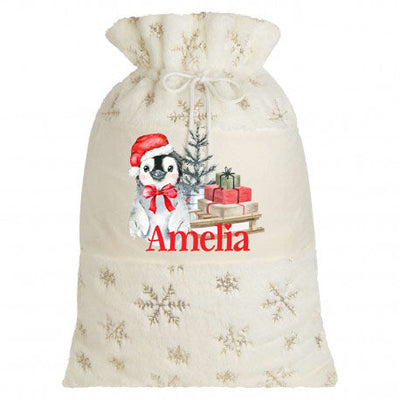 Cream or Grey Plush Large Personalised Christmas Sack - Red Bow Animal Design