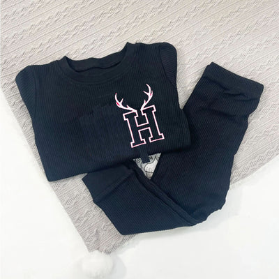 Christmas Ribbed Embroidered Personalised Loungeset (Various Colour Sets) - Reindeer Antlers & Initial