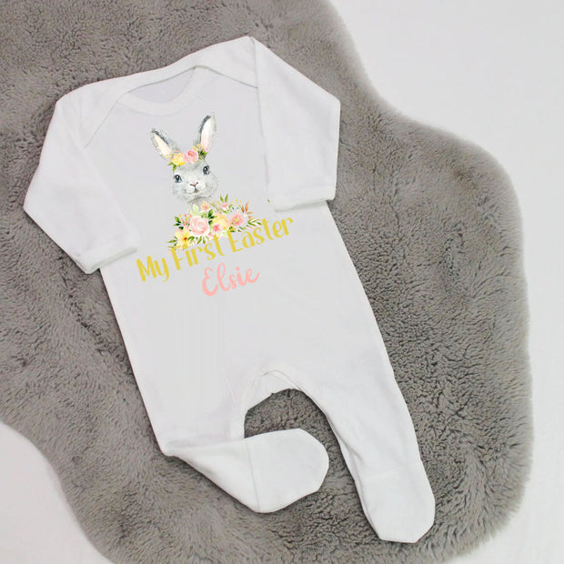 Floral My First Easter Personalised Printed Sleepsuit - Bunny
