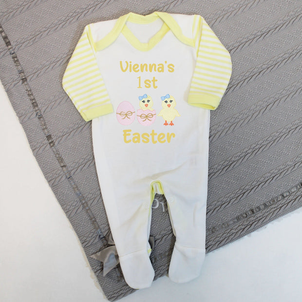 'Names' First Easter Personalised Embroidered Rompersuit - Pink Chick & Eggs