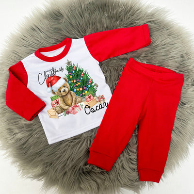 Red & White Printed Christmas Pyjamas - Teddy & Tree