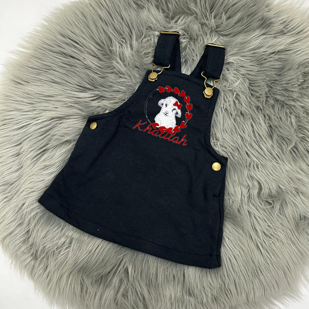 Valentines Animal & Red Love Heart Wreath Personalised Embroidered Fleece Dungaree Dress