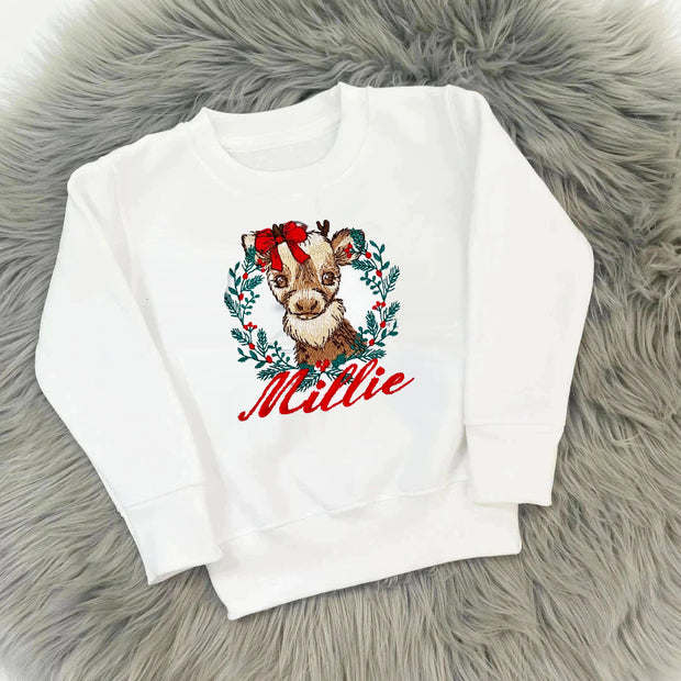 Christmas Personalised Embroidered Jumper (Various Colours) - Animal with Wreath