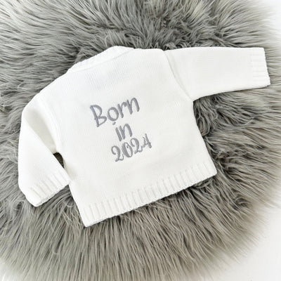'Born in 2024' White Cable Knit Cardigan (Personalised on back)
