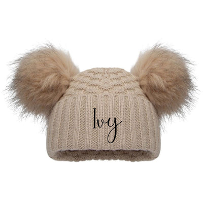 Personalised Checkered Knit Double Pom Hat - Beige