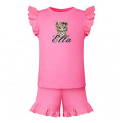 Animal Personalised Embroidered Frill Broderie Top & Shorts Set - Fuschia
