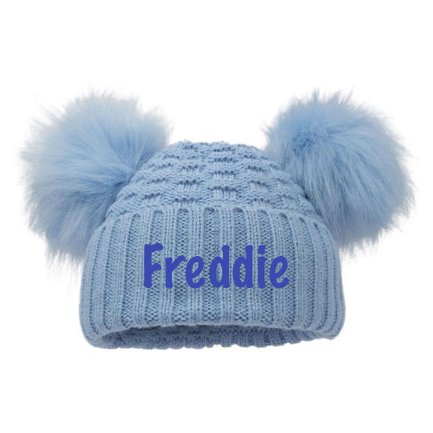 Personalised Checkered Knit Double Pom Hat - Blue