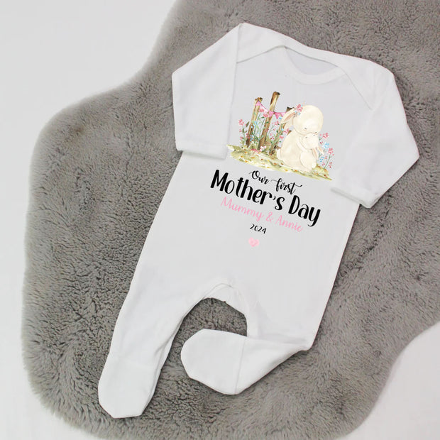 Our First Mother's Day Printed Personalised Sleepsuit - Bunny Design