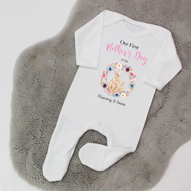 Our First Mother's Day Printed Personalised Sleepsuit - Bunny Wreath Design