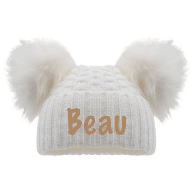 Personalised Checkered Knit Double Pom Hat - White