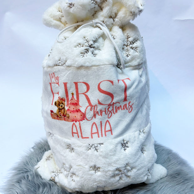 Cream or Grey Plush Large Personalised Christmas Sack - My First Christmas (Pink)