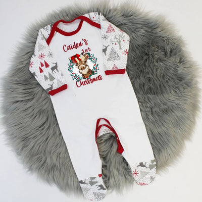 Christmas Embroidered Personalised Rompersuit - Animal in Wreath