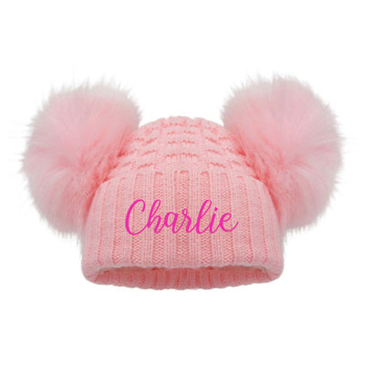 Personalised Checkered Knit Double Pom Hat - Pink