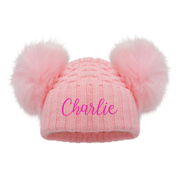 Personalised Checkered Knit Double Pom Hat - Pink