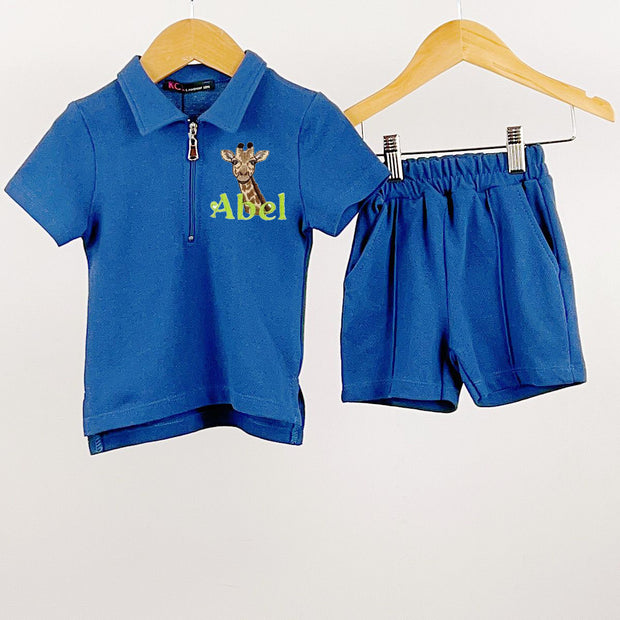 Navy Blue Zip Short Sleeved Animal embroidered Polo & Shorts