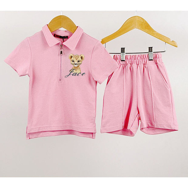 Pink Zip Short Sleeved Animal embroidered Polo & Shorts