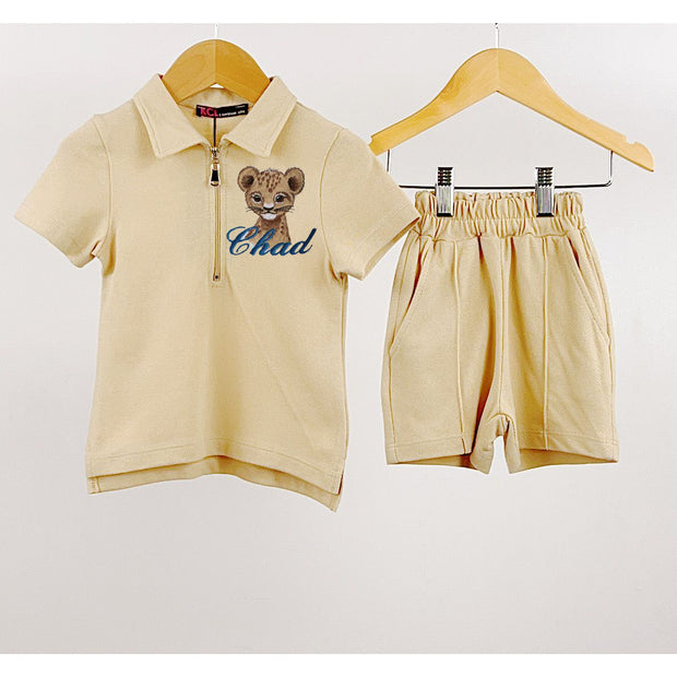 Beige Zip Short Sleeved Animal embroidered Polo & Shorts