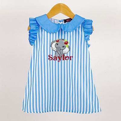 Blue Striped Short Sleeved Animal Embroidered Dress