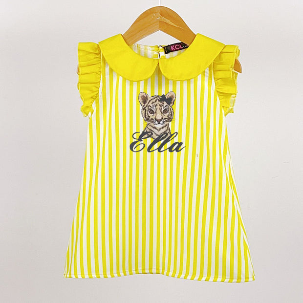Lemon Striped Short Sleeved Animal Embroidered Dress