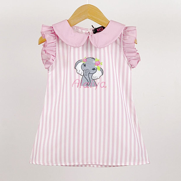 Pink Striped Short Sleeved Animal Embroidered Dress