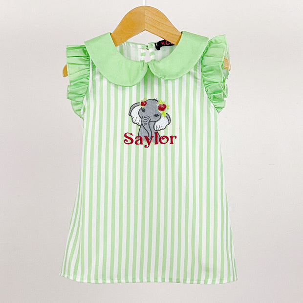 Green Striped Short Sleeved Animal Embroidered Dress