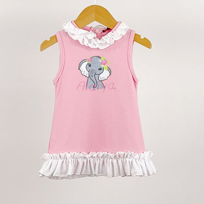 Pink Short Sleeved Animal embroidered Frill Collar Dress