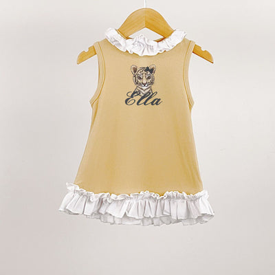 Beige Short Sleeved Animal embroidered Frill Collar Dress