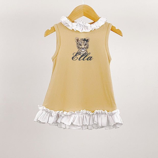 Beige Short Sleeved Animal embroidered Frill Collar Dress