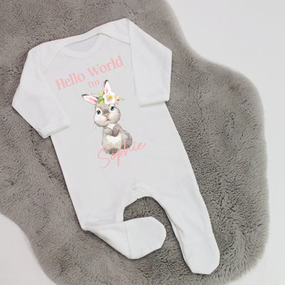Hello World Personalised Baby Girl Rompersuit - Grey Bunny