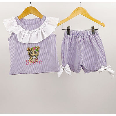Lilac Pinstripe Ruffle Co-ord Set (Can be personalised)