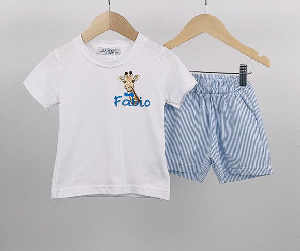T-shirt & Blue Pinstripe Shorts Set (Can be personalised)